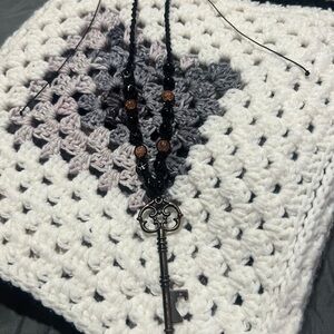 Black and Brown Beaded Necklace with Key Pendant